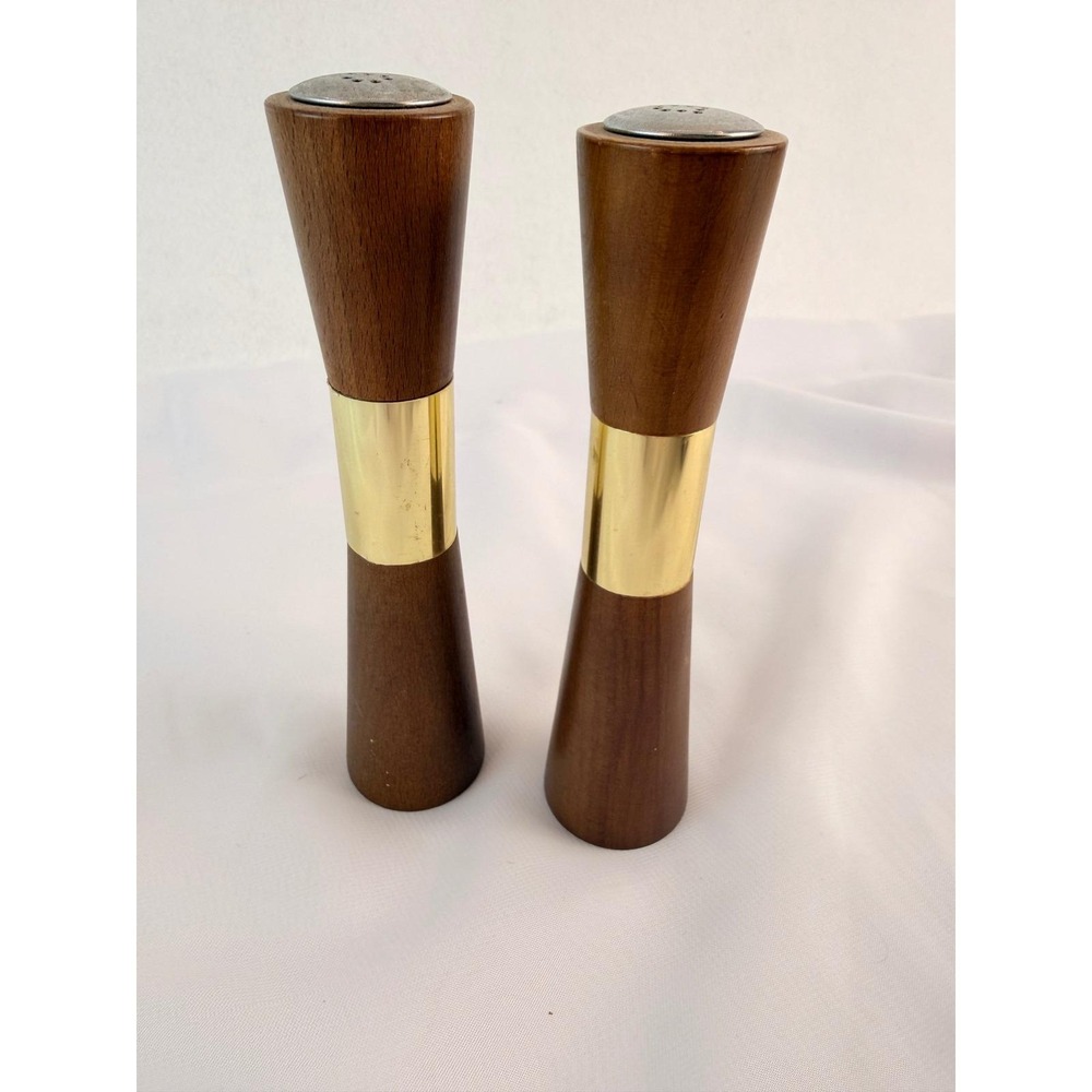 MCM Nasco Wood Salt and Pepper Shakers Brass Band Hourglass Japan 7in Vintage